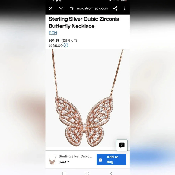 Rose Sterling Silver Cubic Zirconia Butterfly Necklace *Nordstrom* - Picture 7 of 7